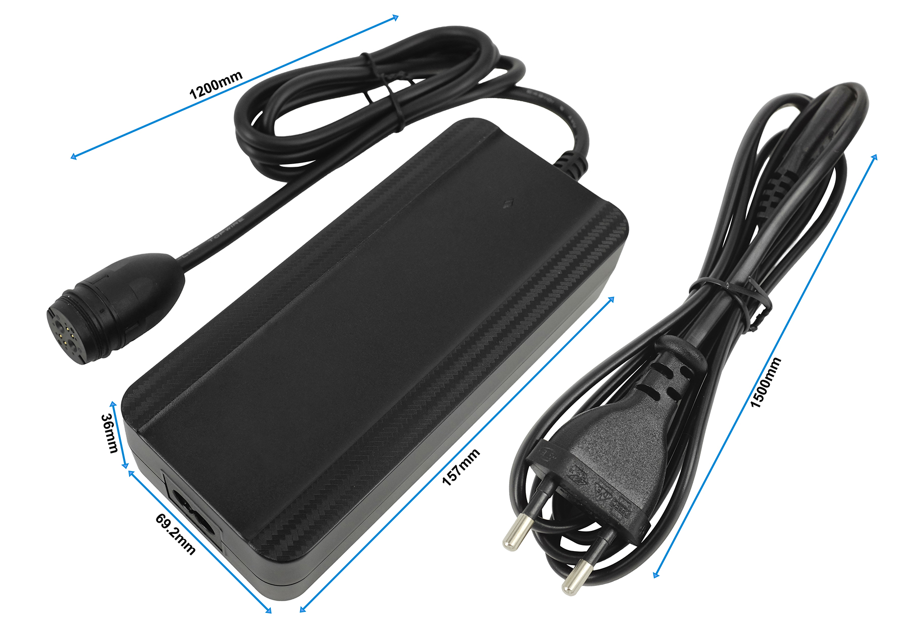 Alimentatore nero con cavi e dimensioni su sfondo bianco.