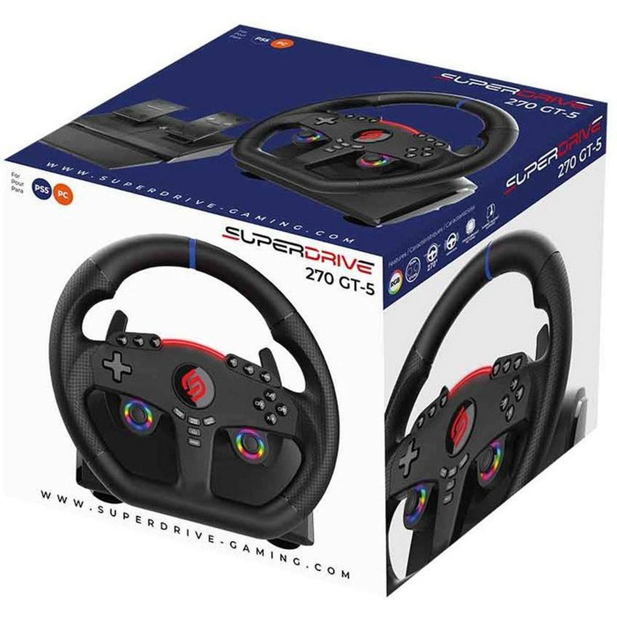 Verpackung der Superdrive 270 GT-5 Rennlenkrad und Pedale für Gaming-Konsolen.