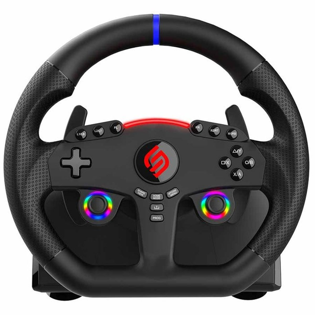 Schwarzes Gaming-Lenkrad mit bunten LEDs, D-Pad, Knöpfen und blauem Marker oben auf weißem Hintergrund.