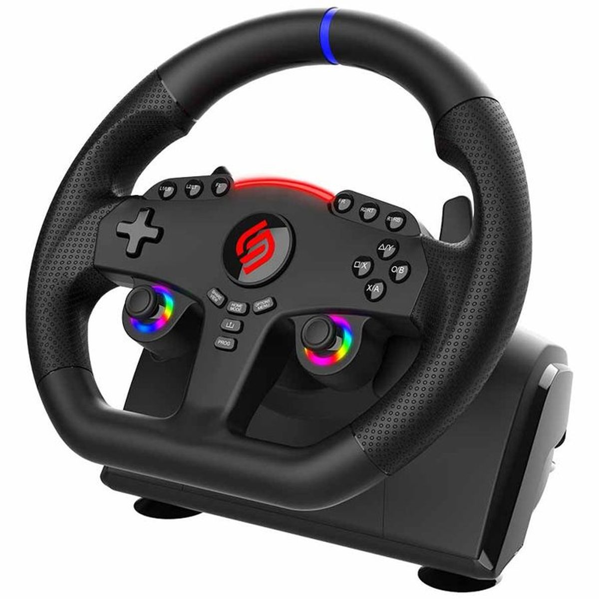 Schwarzes Rennlenkrad mit bunten LEDs, Tasten und D-Pad auf einem weißen Hintergrund.