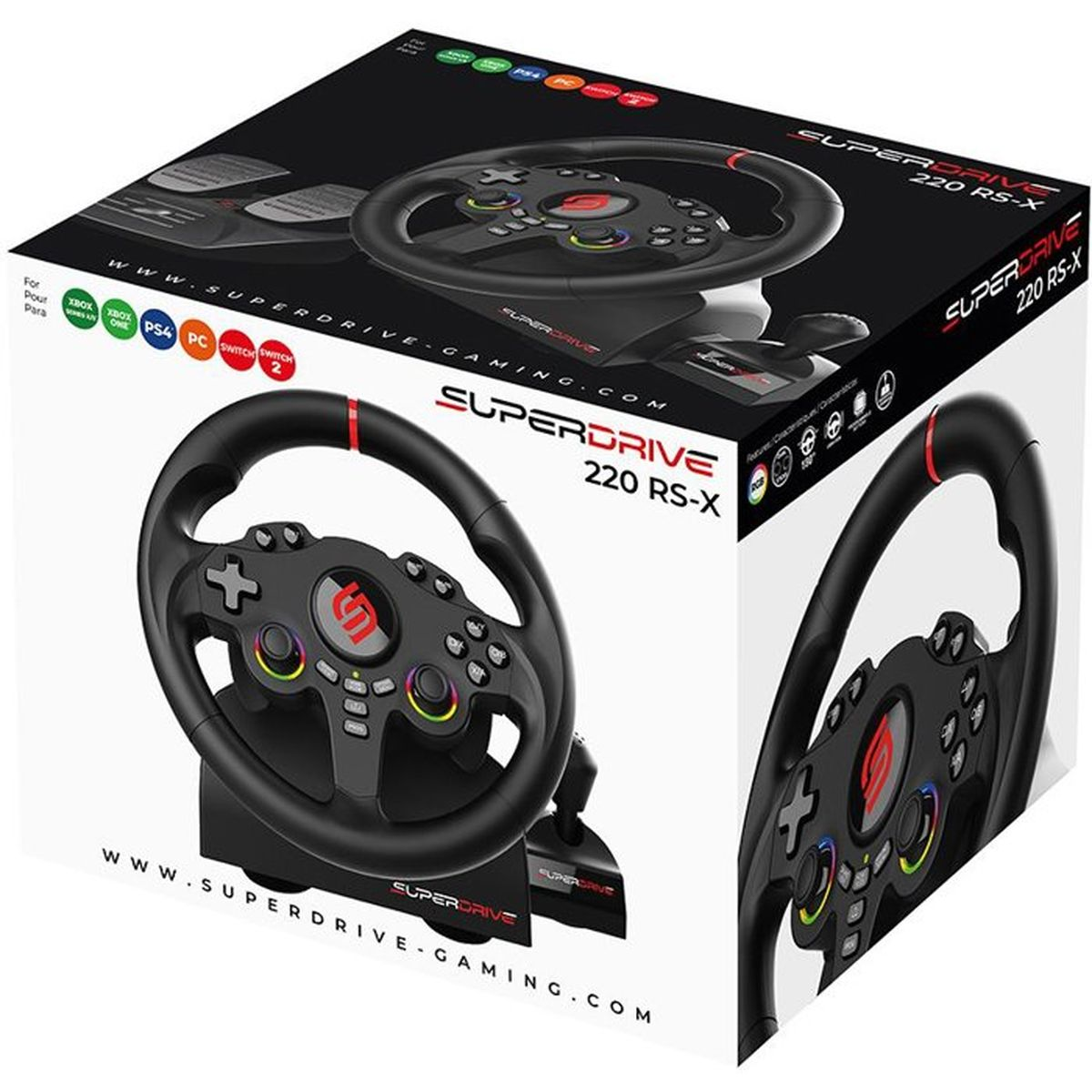 Verpackung und schwarzes Superdrive 220 RS-X Gaming-Lenkrad mit Pedalen und Gangschaltung.