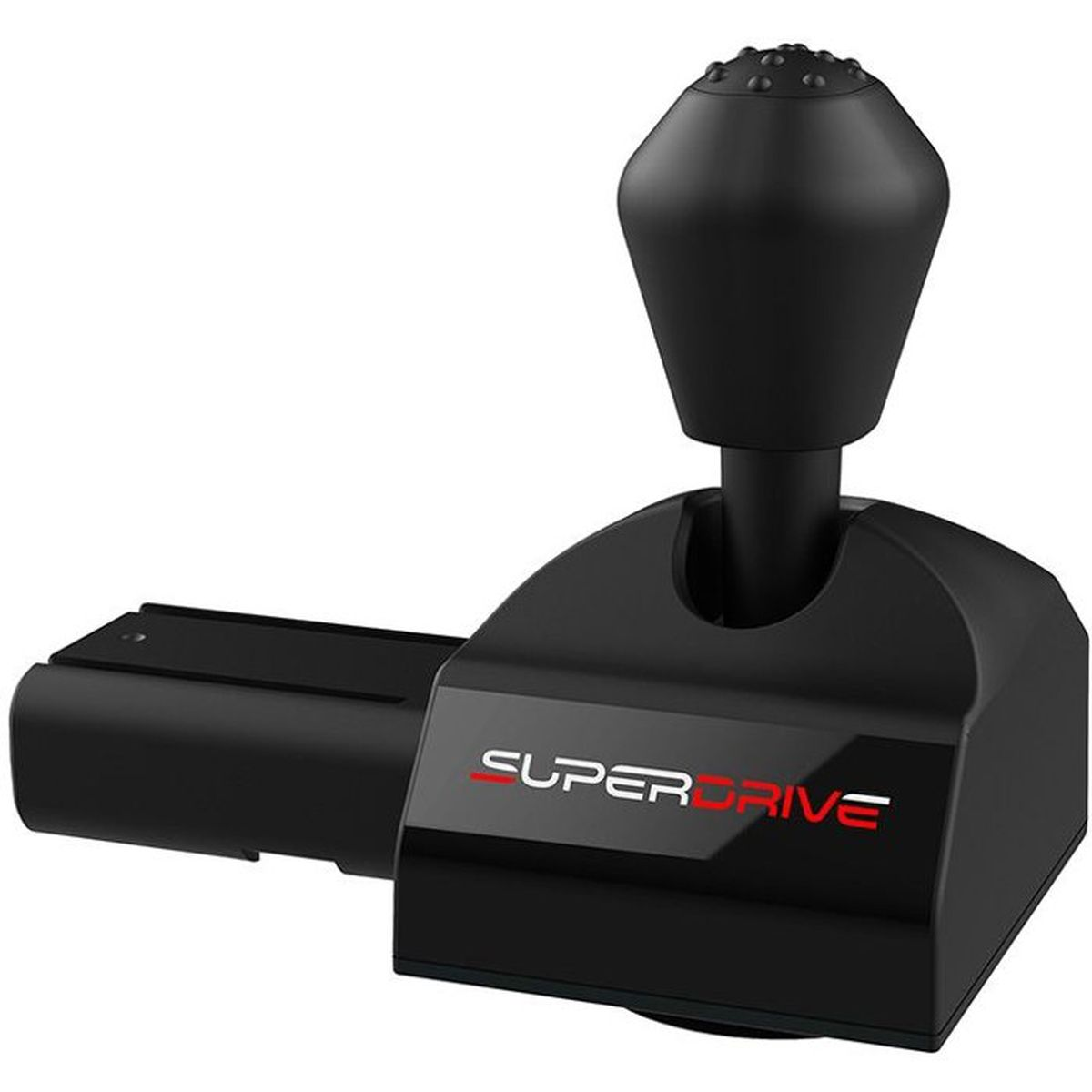 Schwarzer Superdrive-Gangschalthebel mit Knauf und roter Aufschrift auf weißem Grund.