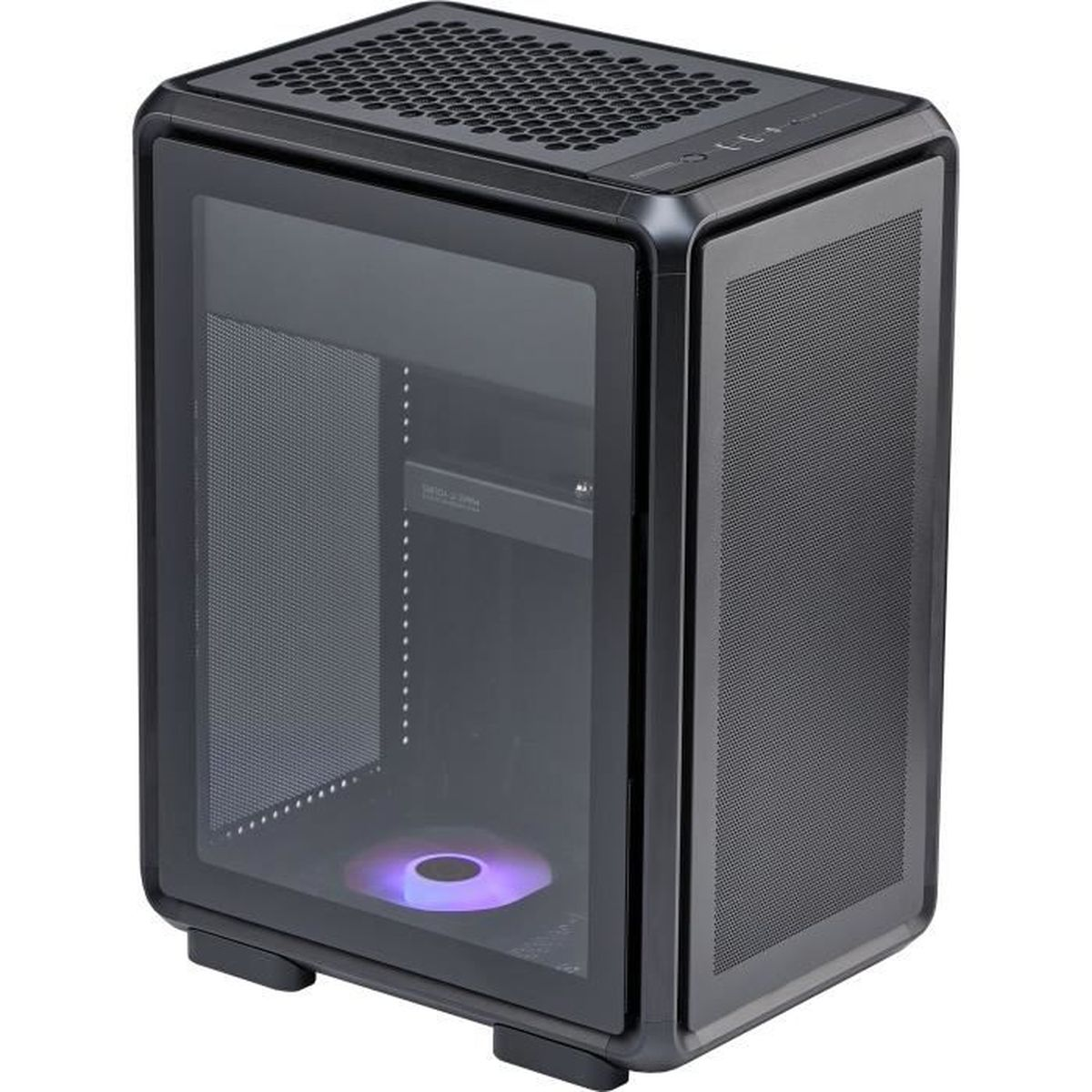 Siyah bilgisayar kasasi, cam on panel, orgu izgaralar ve altta aydinlatmali RGB fana sahiptir.