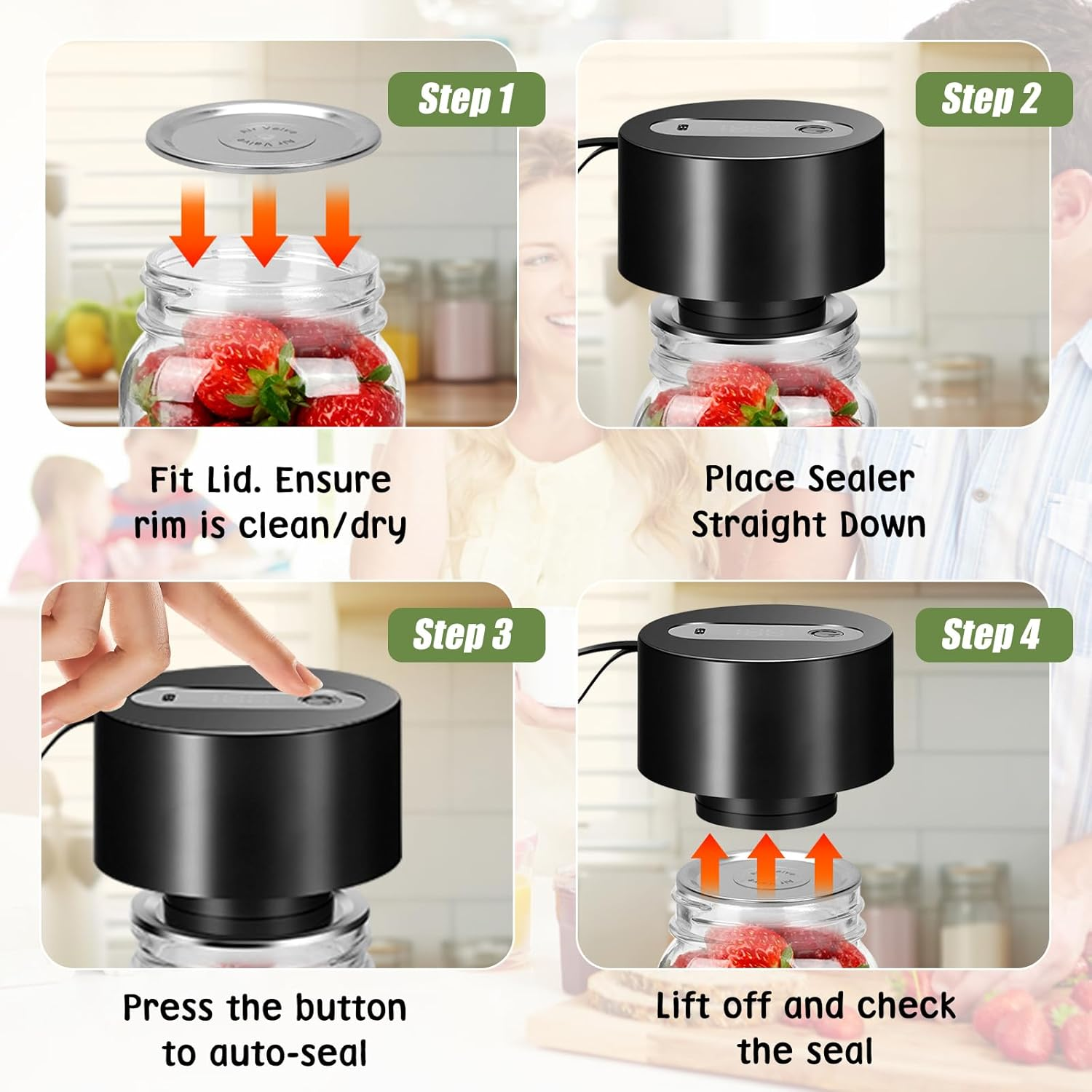 Vier Schritte zeigen, wie man mit einem elektrischen Versiegler ein Glas mit Erdbeeren vakuumiert.
