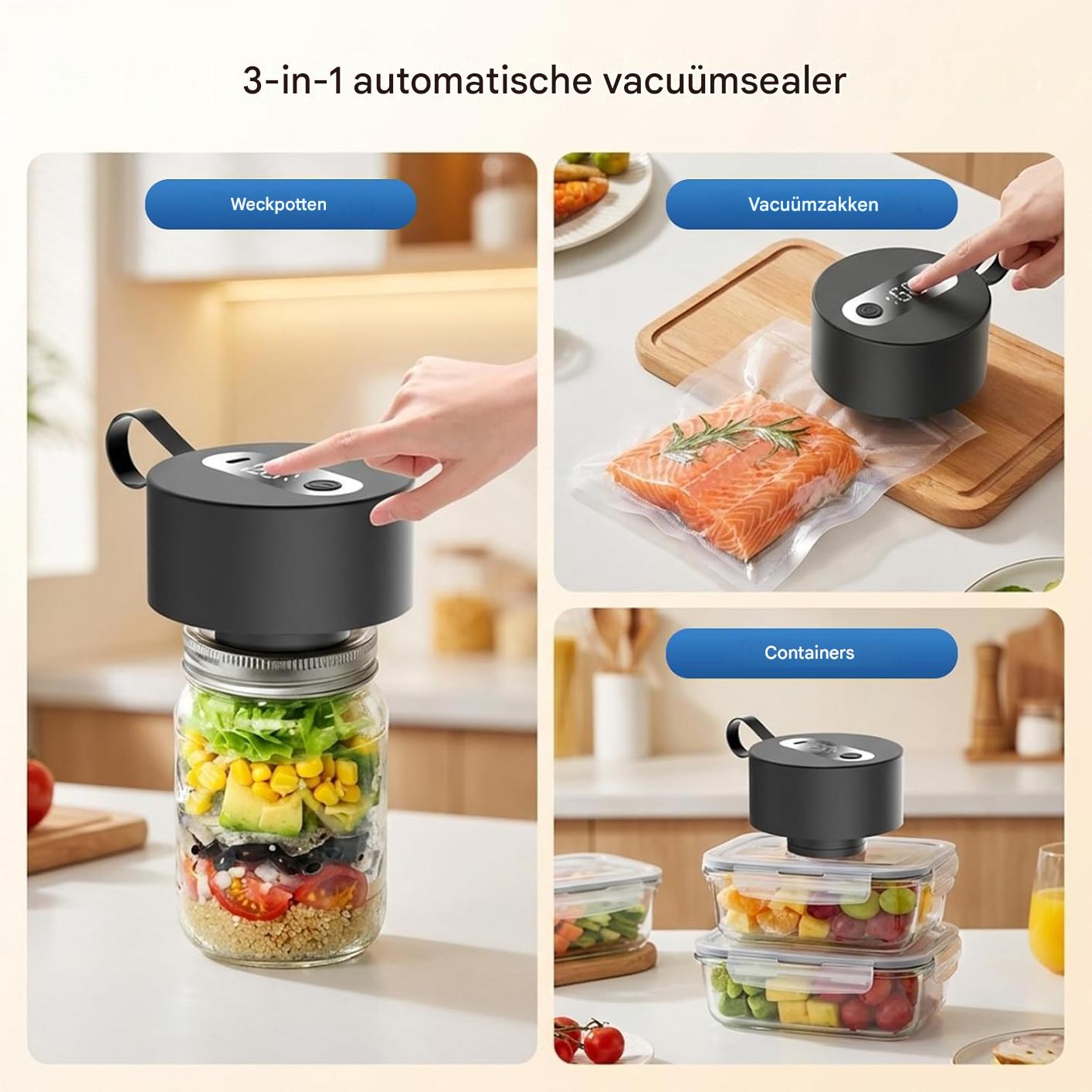 Ein 3-in-1 automatischer Vakuumierer versiegelt Gläser, Beutel und Behälter mit Lebensmitteln in einer Küche.
