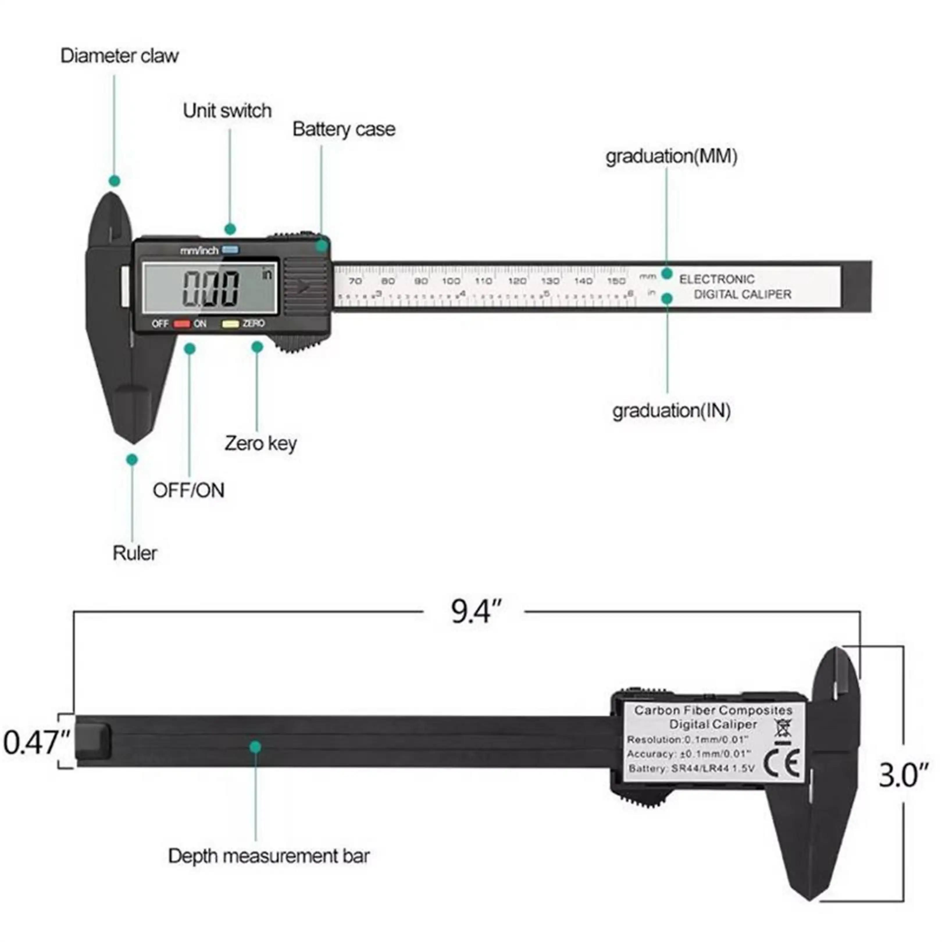 Diagramm eines elektronischen Messschiebers mit beschrifteten Teilen und Maßangaben.