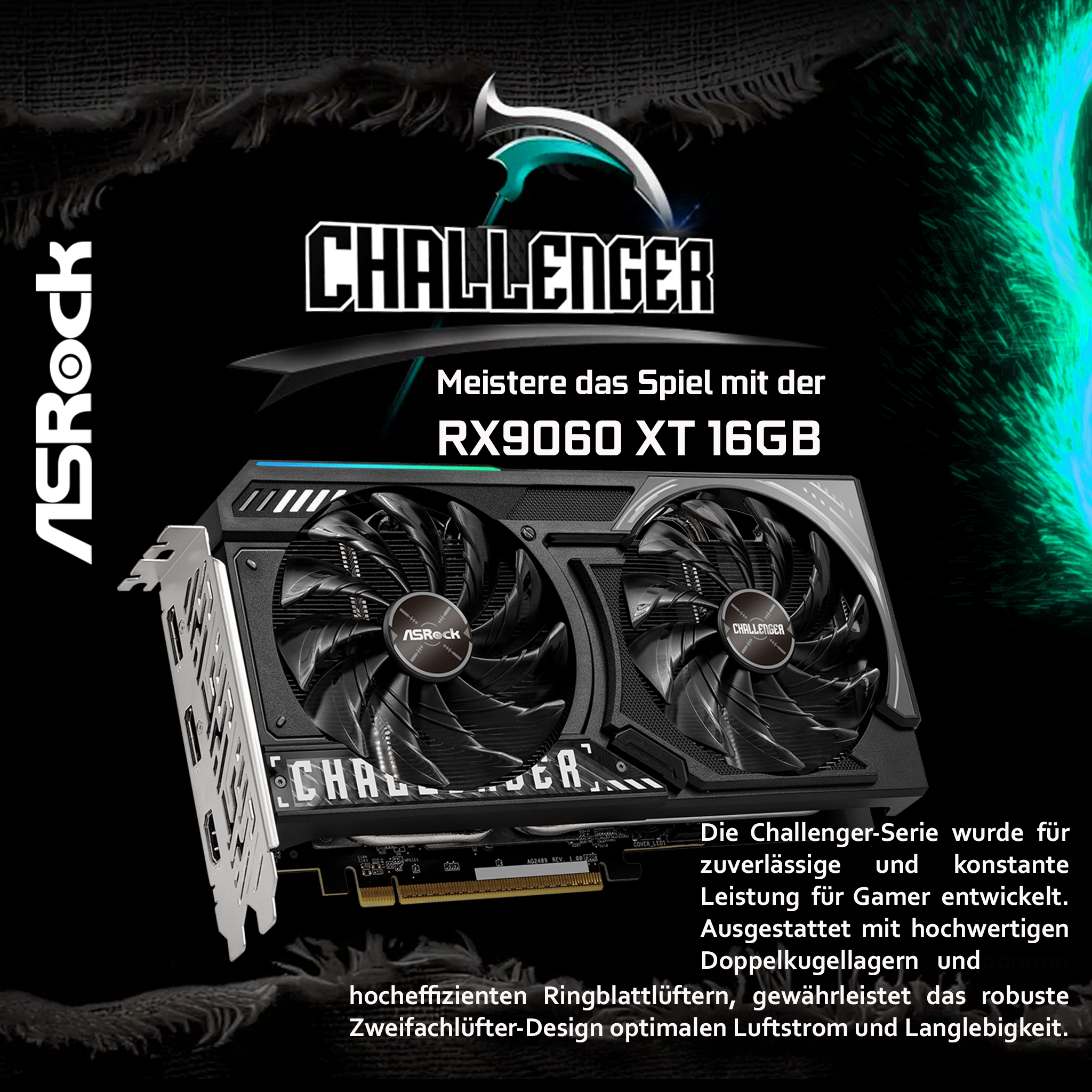 ASRock Challenger RX9060 XT 16GB Grafikkarte mit zwei Lüftern.