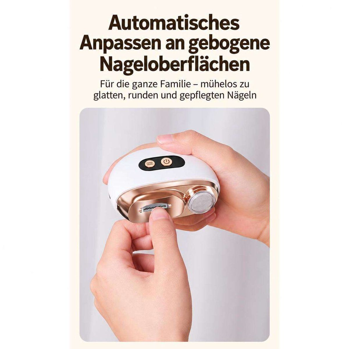Hand hält ein elektrisches Nagelpflegegerät mit goldenem und weißem Design sowie deutscher Textwerbung oben.