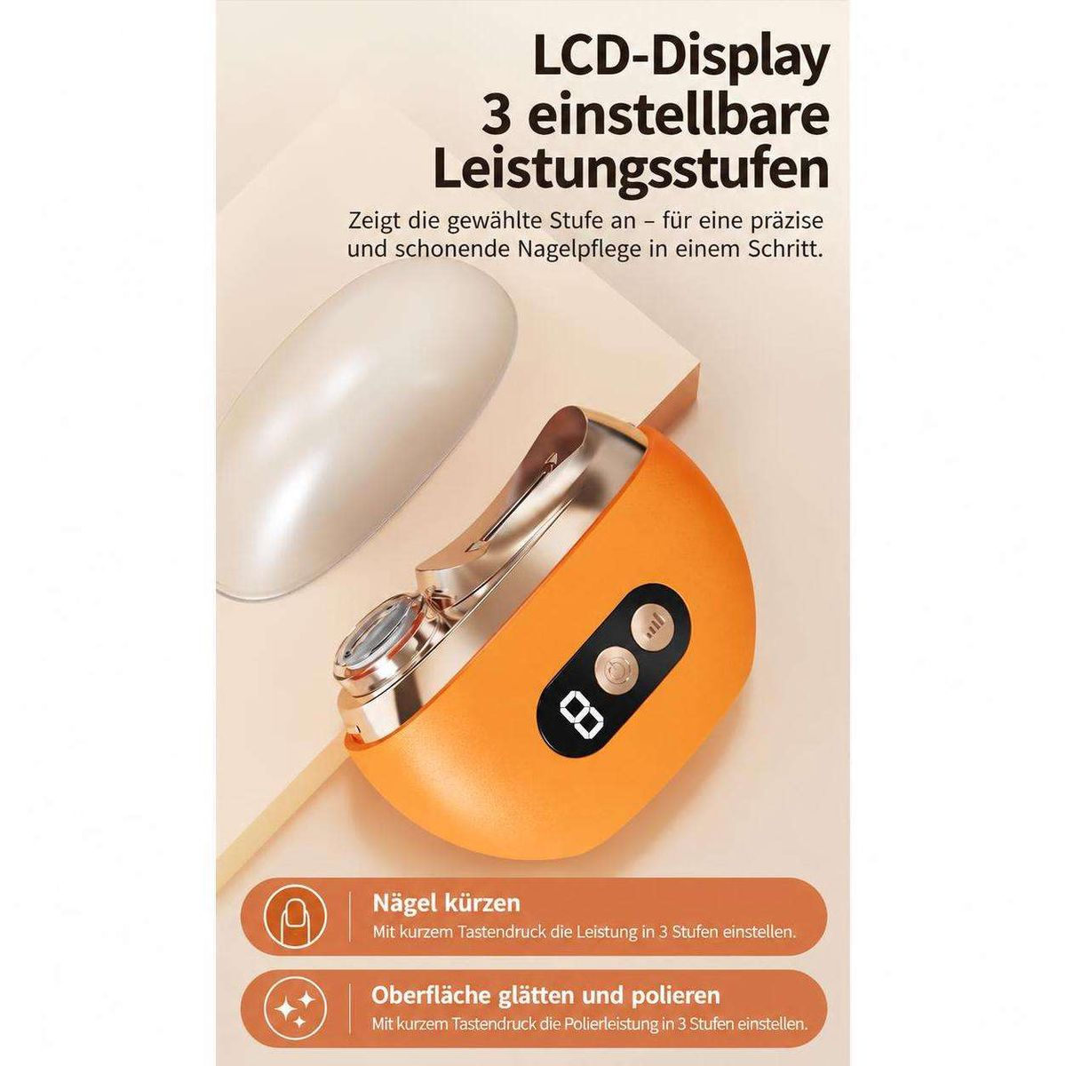Oranger elektrischer Nagelknipser mit LCD-Display und 3 Leistungsstufen auf beige.