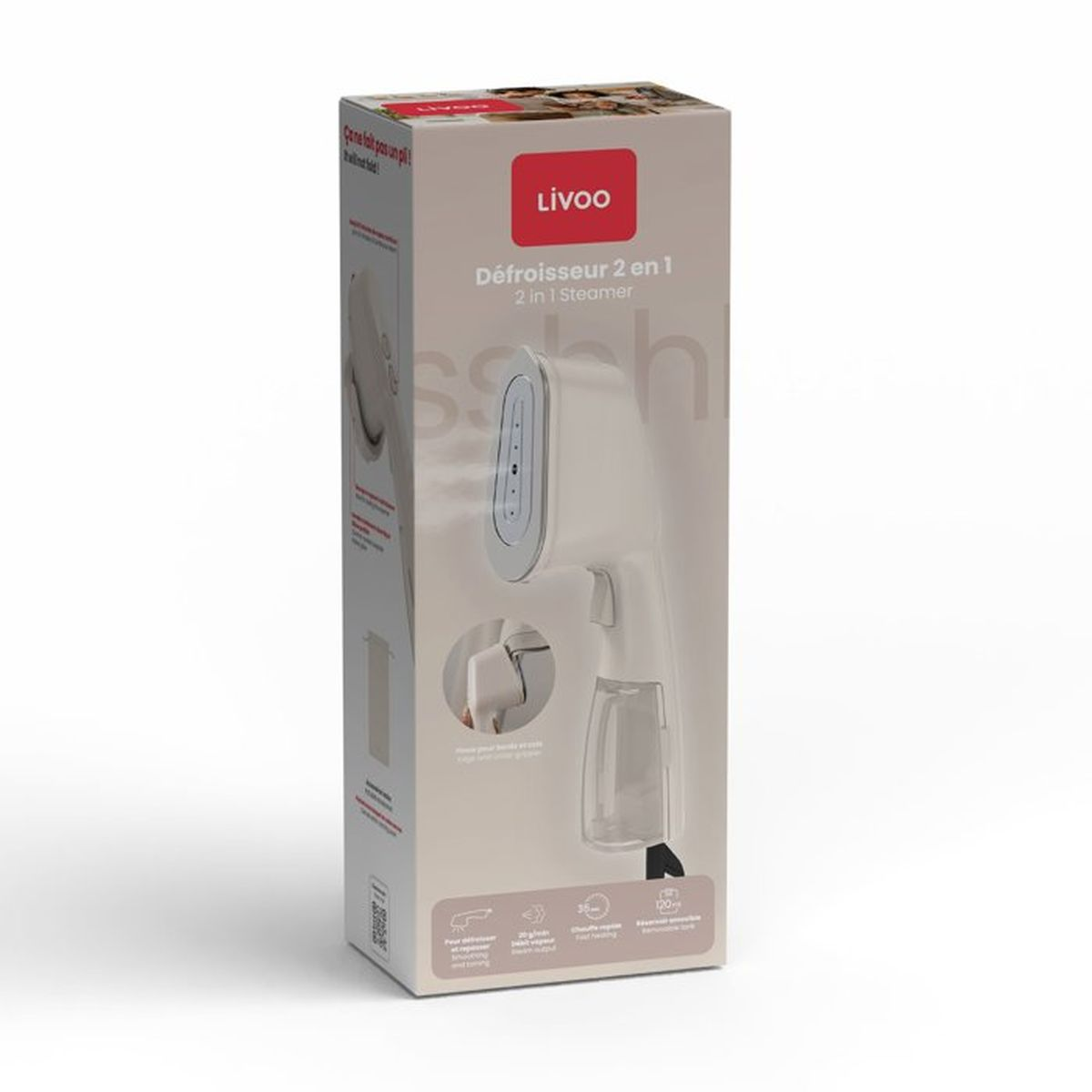 Produktverpackung eines Livoo 2-in-1 Dampfglätters in Weiß und Rot.