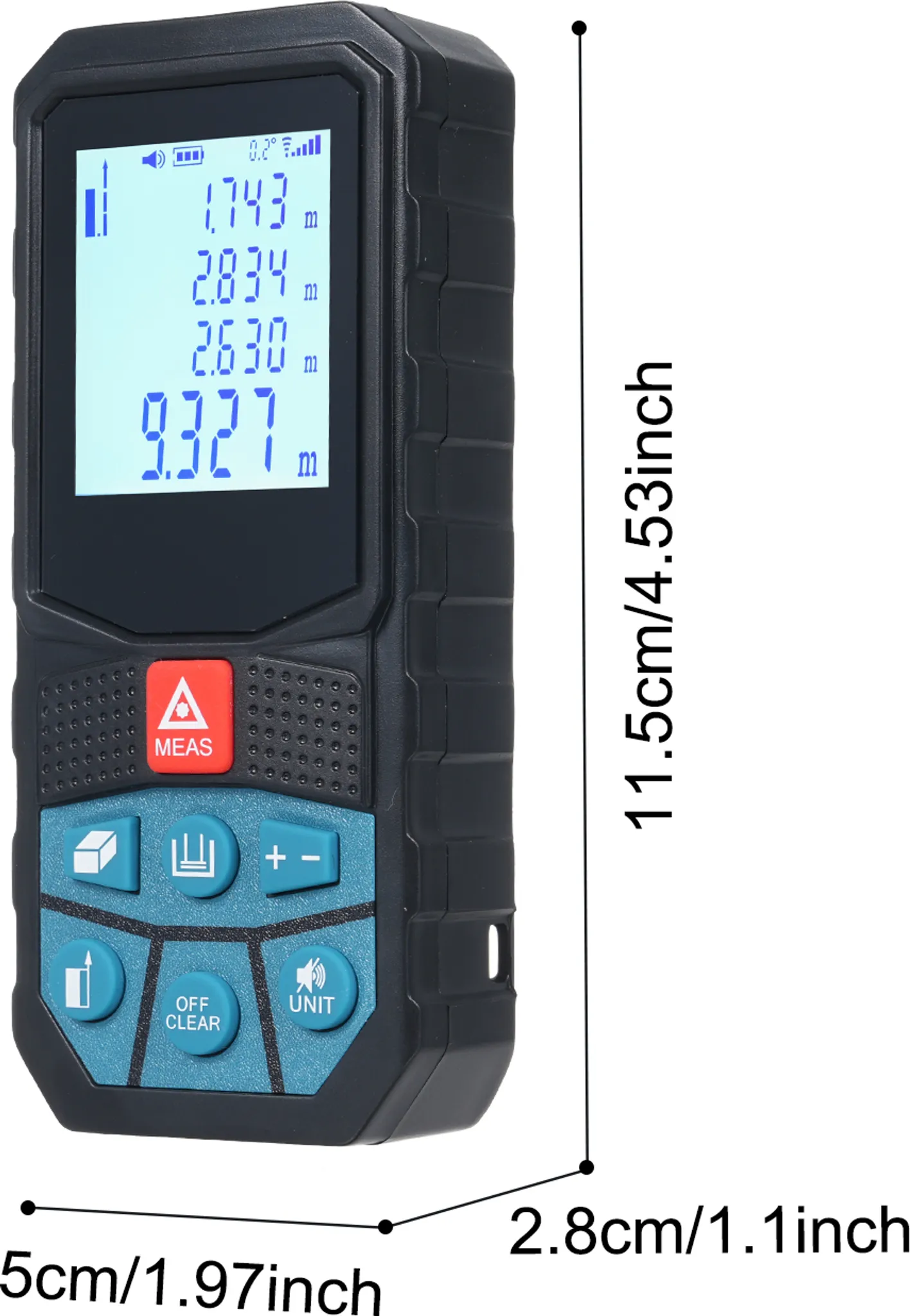 Schwarzes Laser-Distanzmessgerät mit digitalem Display, roten und blauen Tasten und Maßen.