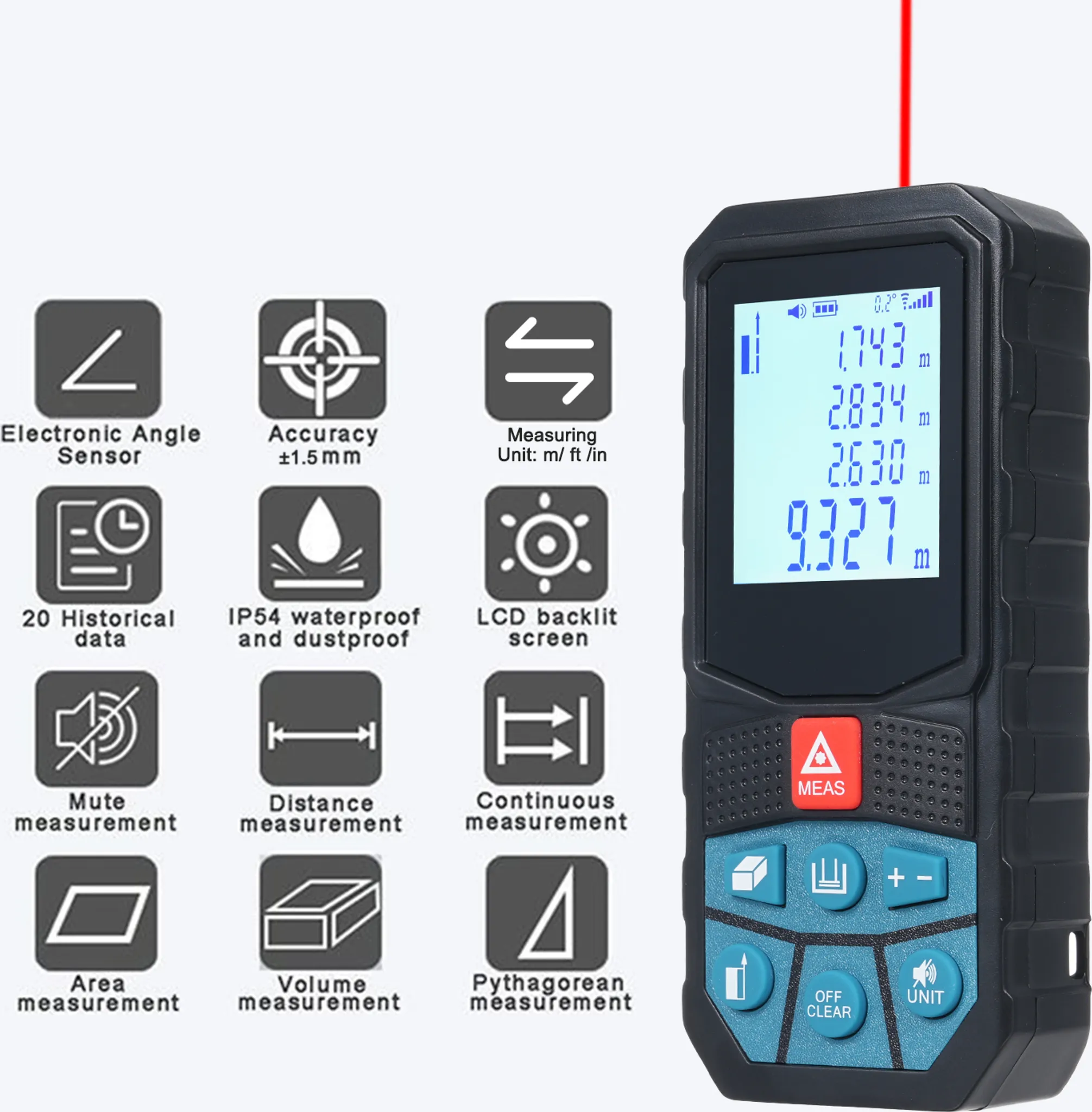 Digitale Laser-Entfernungsmessgerät mit LCD-Display und Symbolen, die Funktionen wie Genauigkeit und Messungen zeigen.