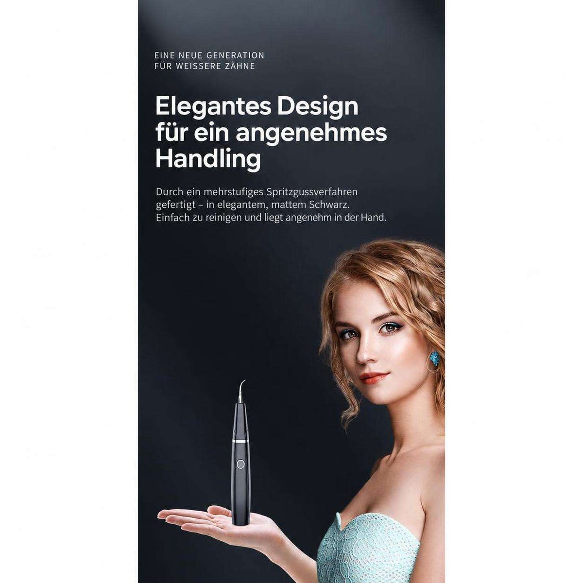 Eine Frau in einem blauen Kleid hält ein schwarzes Zahnpflegegerät in der Hand, umgeben von deutschem Text.
