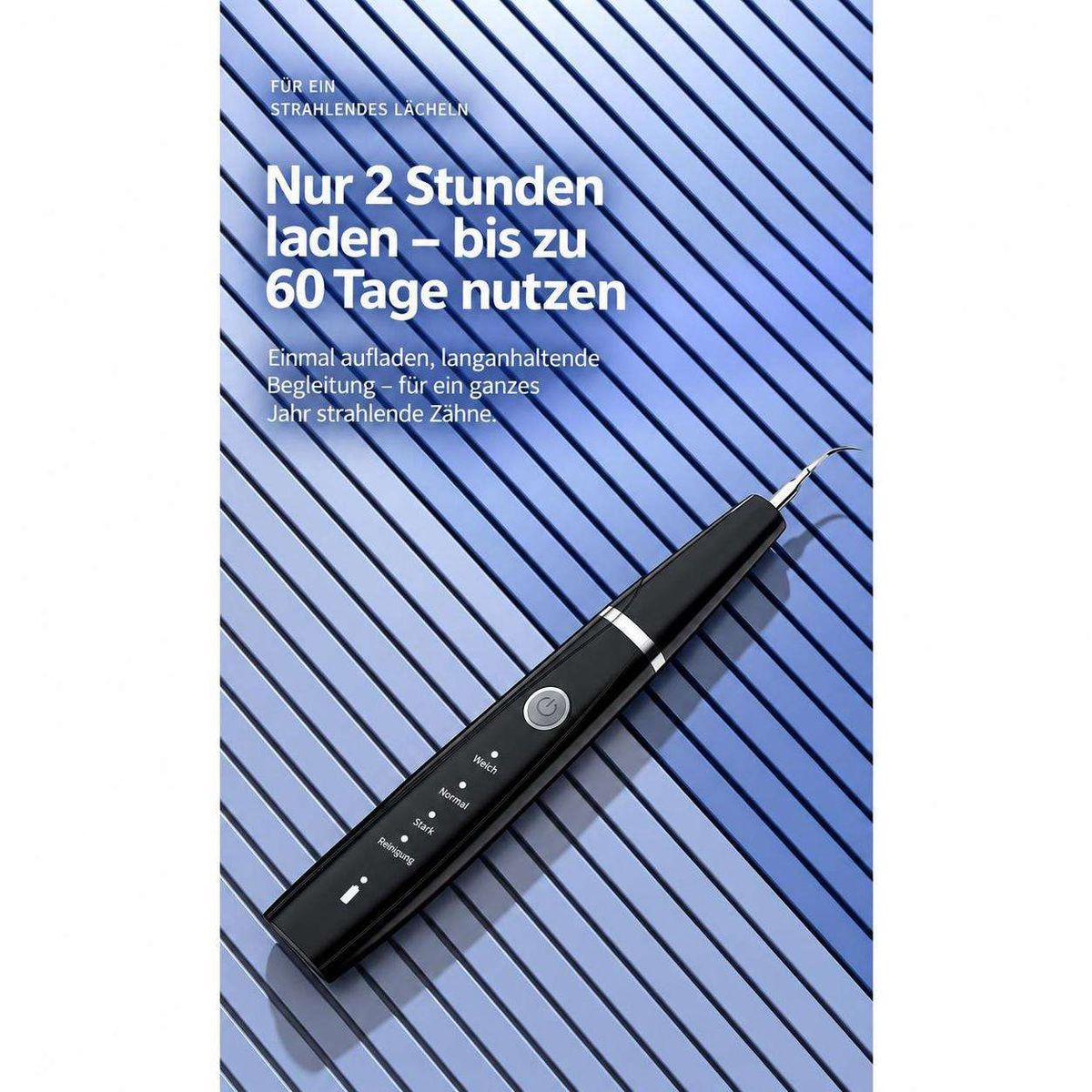 Schwarzes Zahnreinigungsgerät vor blauem Hintergrund mit deutschen Texten.