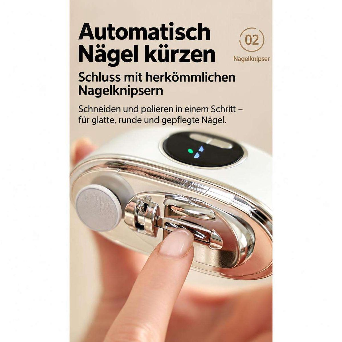 Automatischer Nagelknipser mit LED-Anzeige und deutscher Produktwerbung.