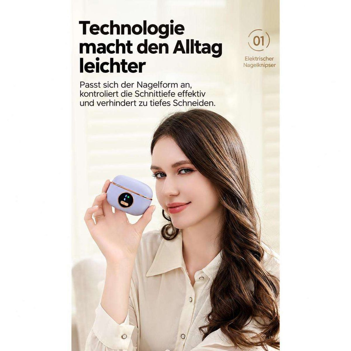 Eine Frau hält einen kleinen lila Gegenstand mit Display, mit deutschem Werbetext.