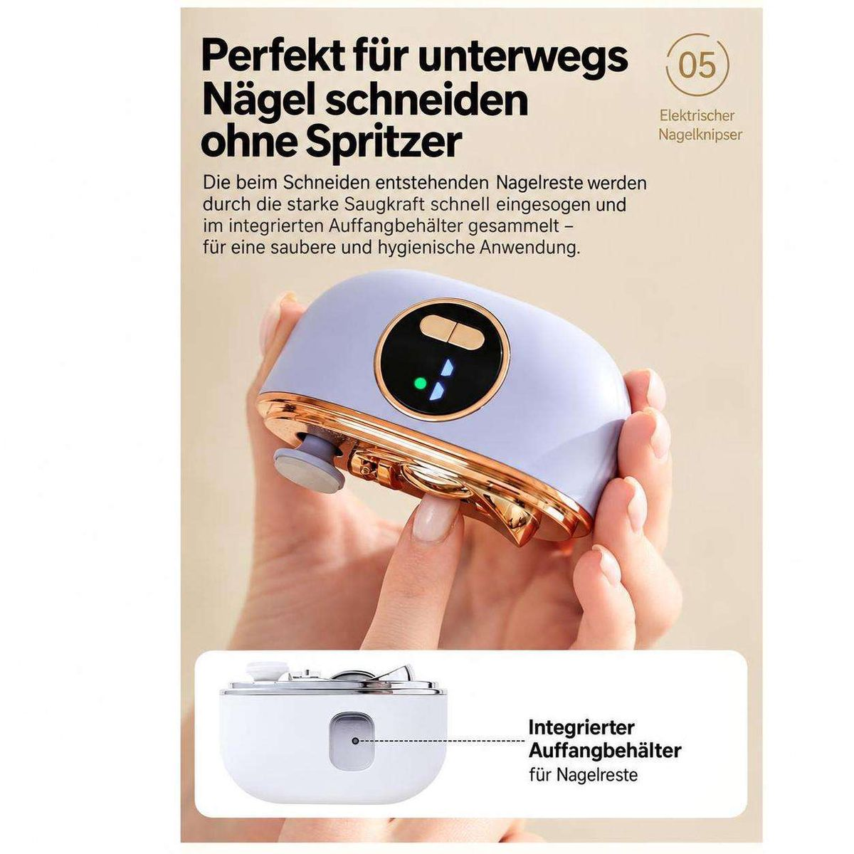 Lila elektrischer Nagelknipser mit Display, gehalten von Händen, mit Text und Produktgrafik.