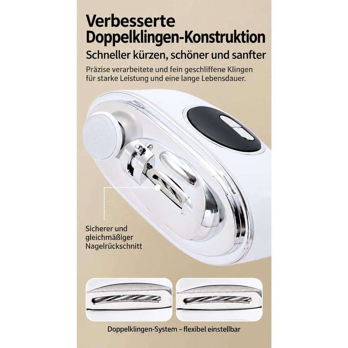 Nahaufnahme eines elektrischen Nagelknipserkopfes mit Doppelklingensystem auf hellem Hintergrund.