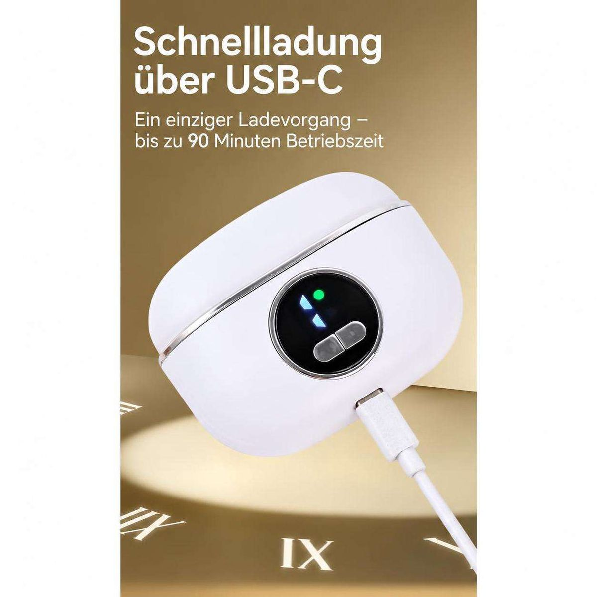 Weißes Ladecase mit USB-C-Kabel, digitalem Display und Text zur Schnellladung.