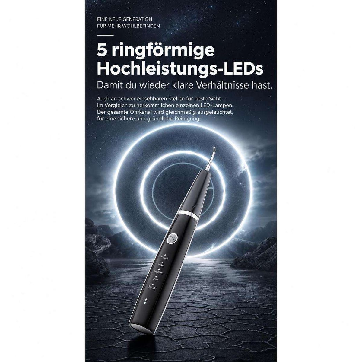 Schwarzer Ohrreiniger mit LED-Beleuchtung vor kosmoischem Hintergrund mit deutschen Texten.