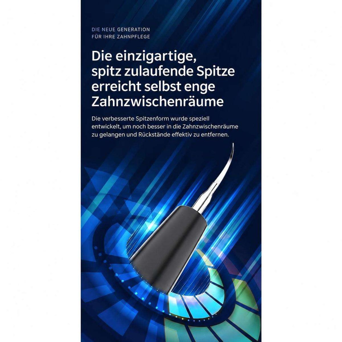 Eine elektrische Zahnbürstenspitze vor einem blauen Hintergrund mit deutschem Werbetext.