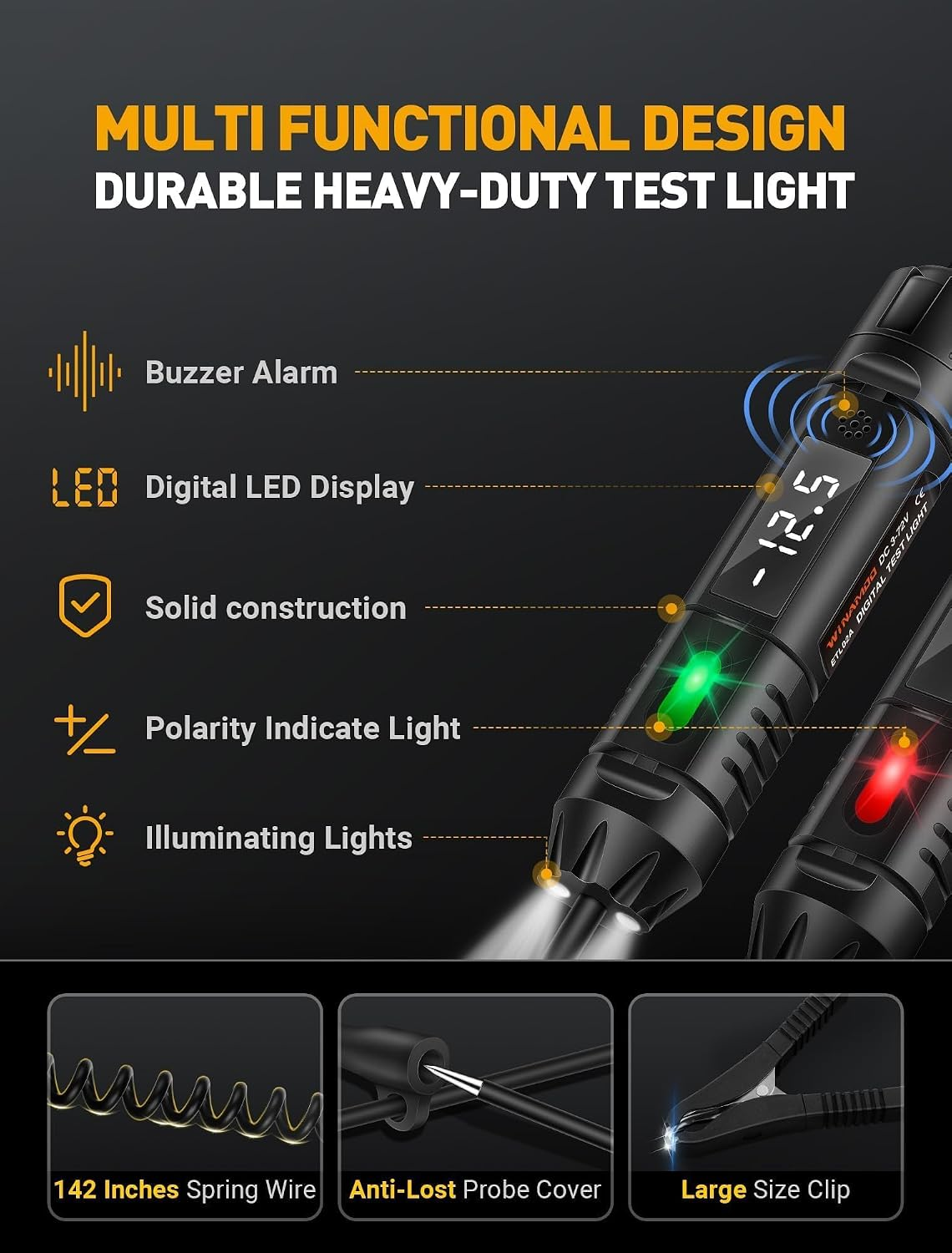 Diagramm eines digitalen Testlichts mit Buzzer, LED-Display, Polaritätsanzeige, Federdraht und großer Klemme.