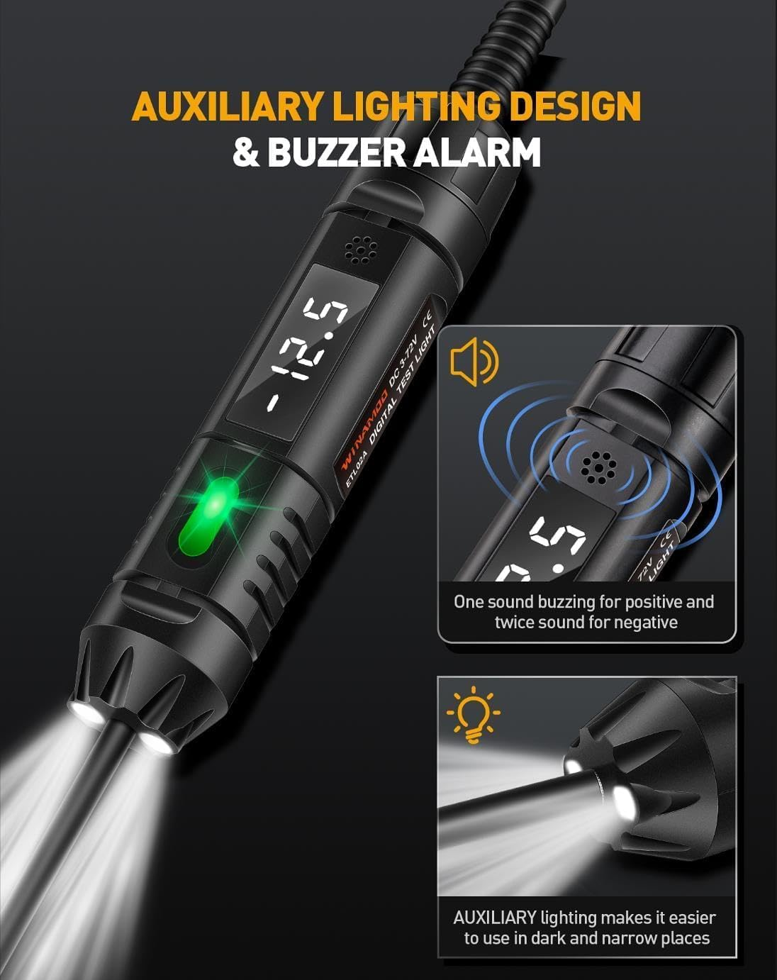 Digitaler Autoprüfstift mit Display, grüner LED, eingebauter Beleuchtung und akustischem Alarm.