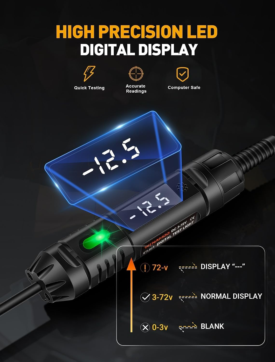 Digitale LED-Prüflampe mit klarem Display und Spannungsanzeige.
