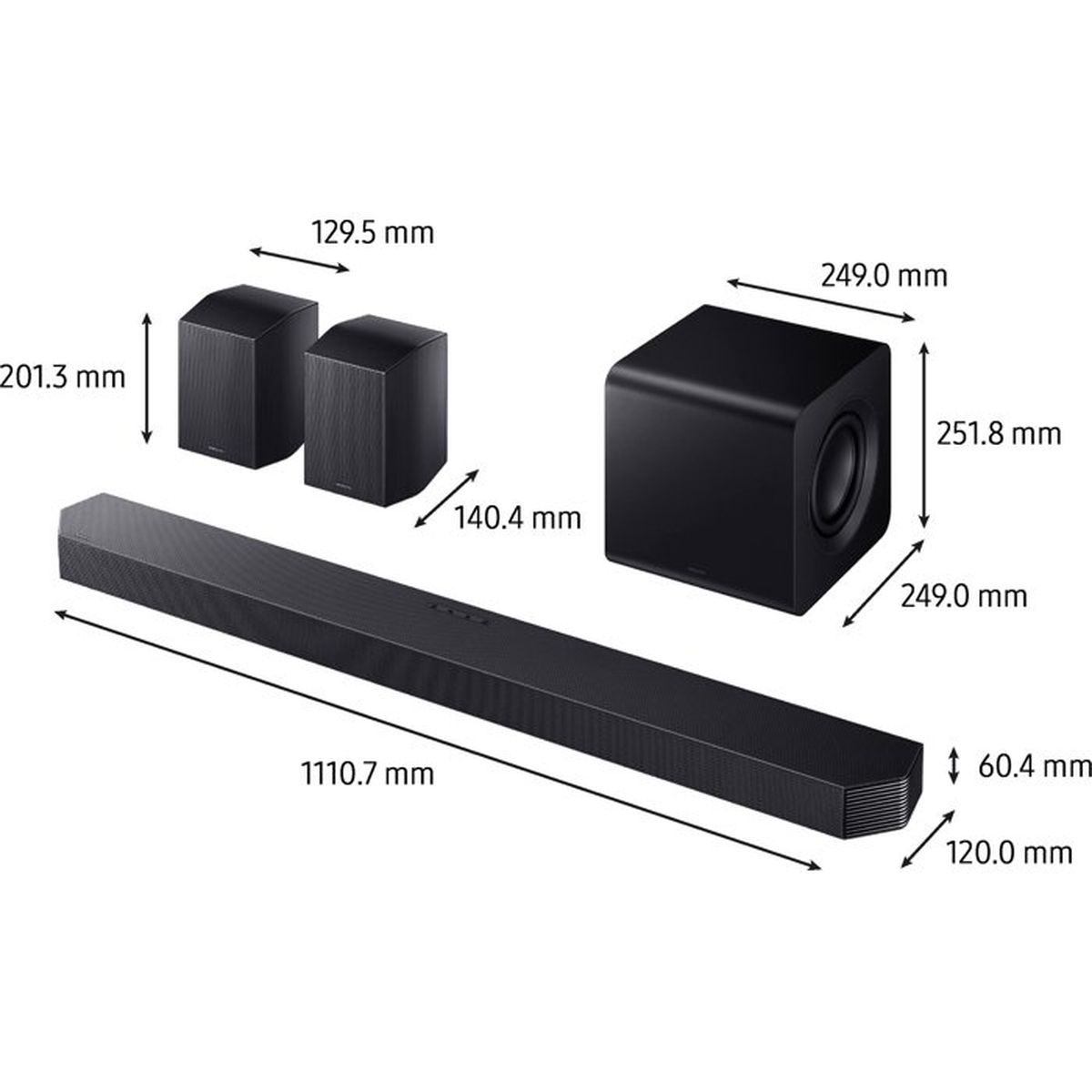 Ein schwarzes Soundbar-System mit Maßangaben für jede Komponente, einschließlich Lautsprecher und Subwoofer.