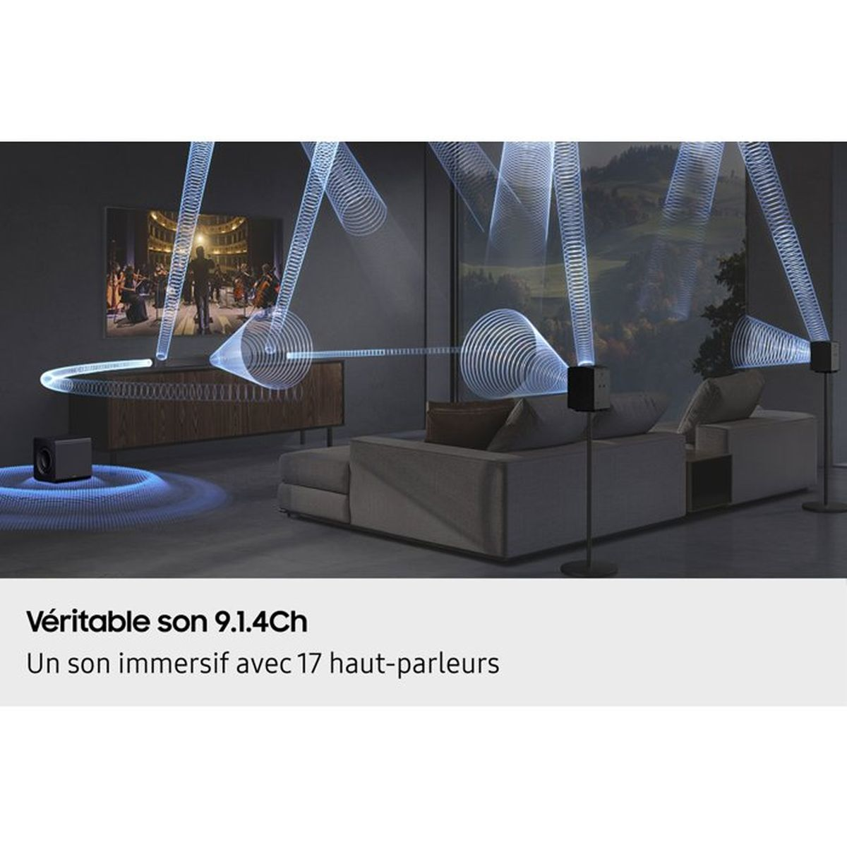 Wohnzimmer mit Surround-Sound-System, das blaue Schallwellen visualisiert, die sich im Raum ausbreiten.