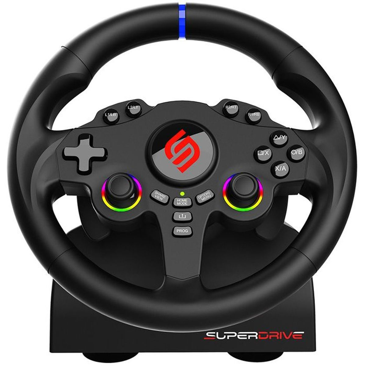 Schwarzes Superdrive-Gaming-Lenkrad mit bunten LEDs, D-Pad, Symboltasten und Logo in der Mitte.