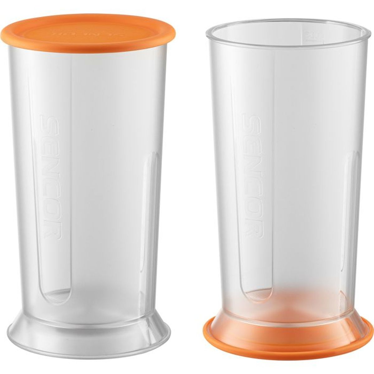 Zwei transparente Sencor-Mixbecher, einer mit orangefarbenem Deckel und einer auf orangefarbenem Standfuß.