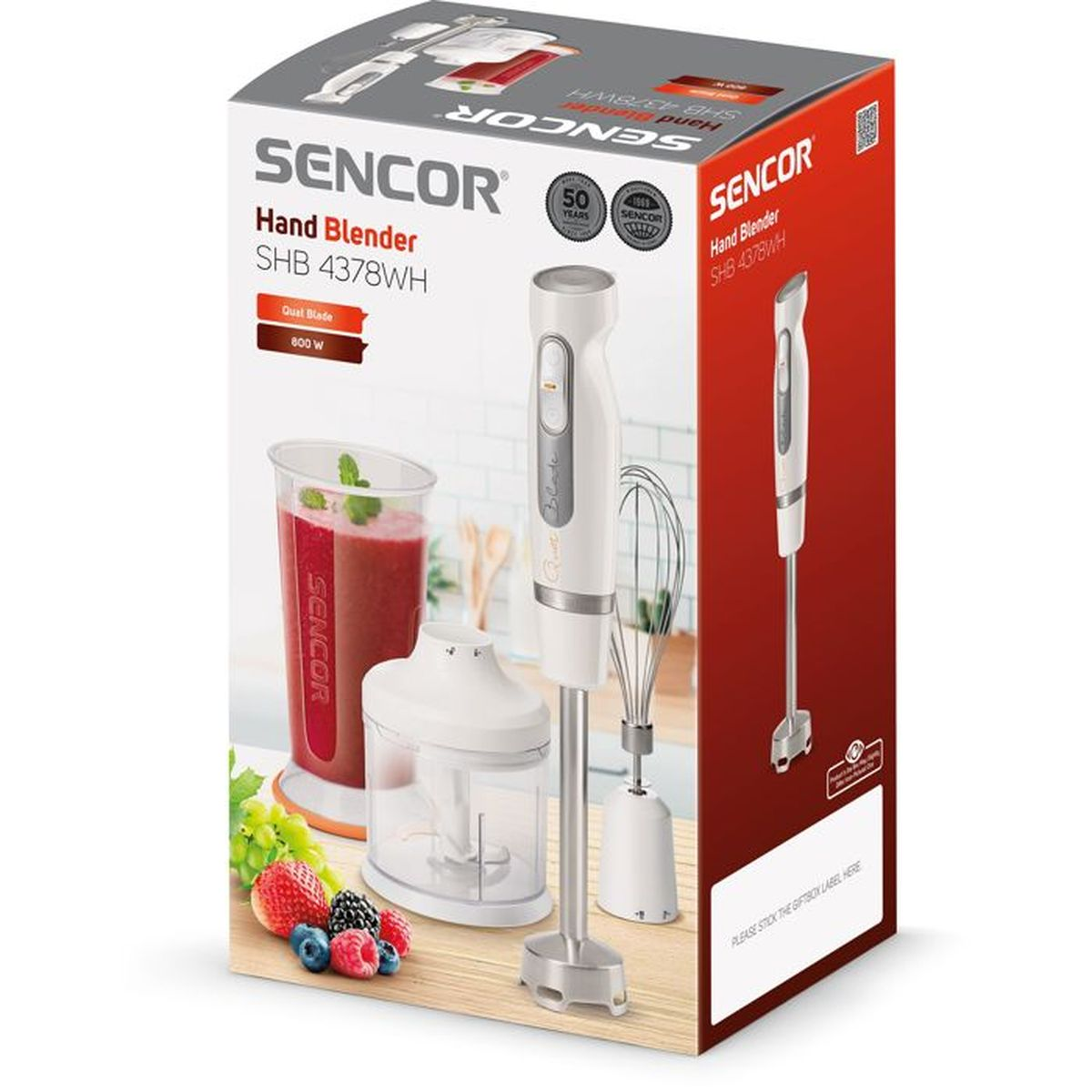 Sencor Handmixer Set in Kartonverpackung mit Zubehör wie Becher und Schneebesen.
