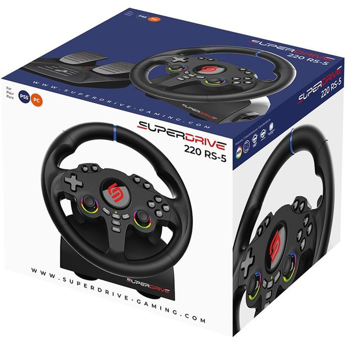 Verpackung der Superdrive 220 RS-5 Rennlenkrad mit Pedalen für PS5 und PC.