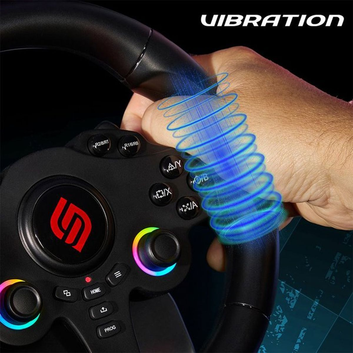 Eine Hand hält ein schwarzes Gaming-Lenkrad, blaue Wellen zeigen Vibrationen an.