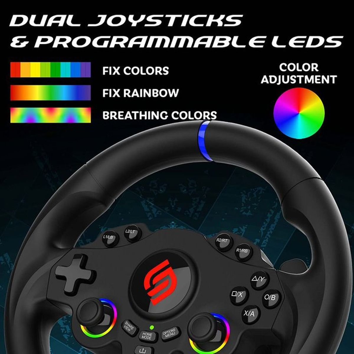 Ein schwarzes Gaming-Lenkrad mit zwei Joysticks, bunten LEDs und verschiedenen Tasten.