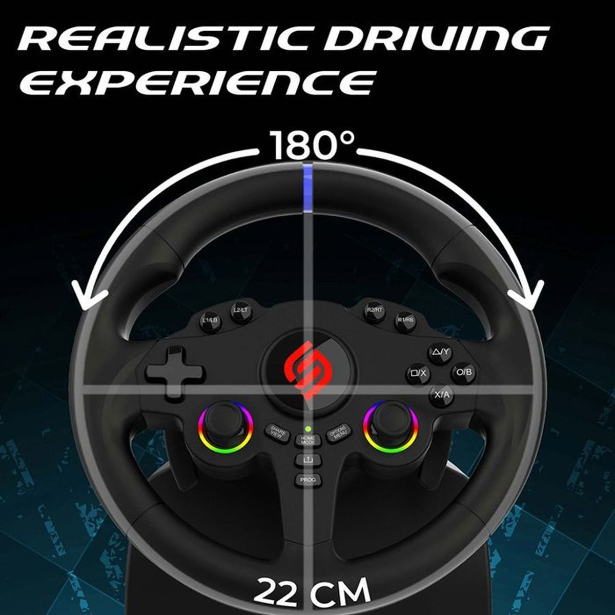 Ein schwarzes Gaming-Lenkrad mit 180-Grad-Drehung, zwei Joysticks und RGB-Beleuchtung vor dunklem Hintergrund.