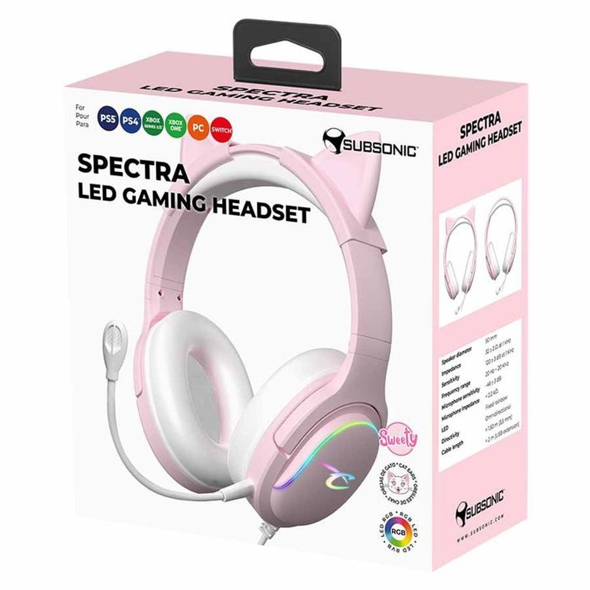 SUBSONIC Spectra LED CUFFIE GAMING, Rosa, Bianco