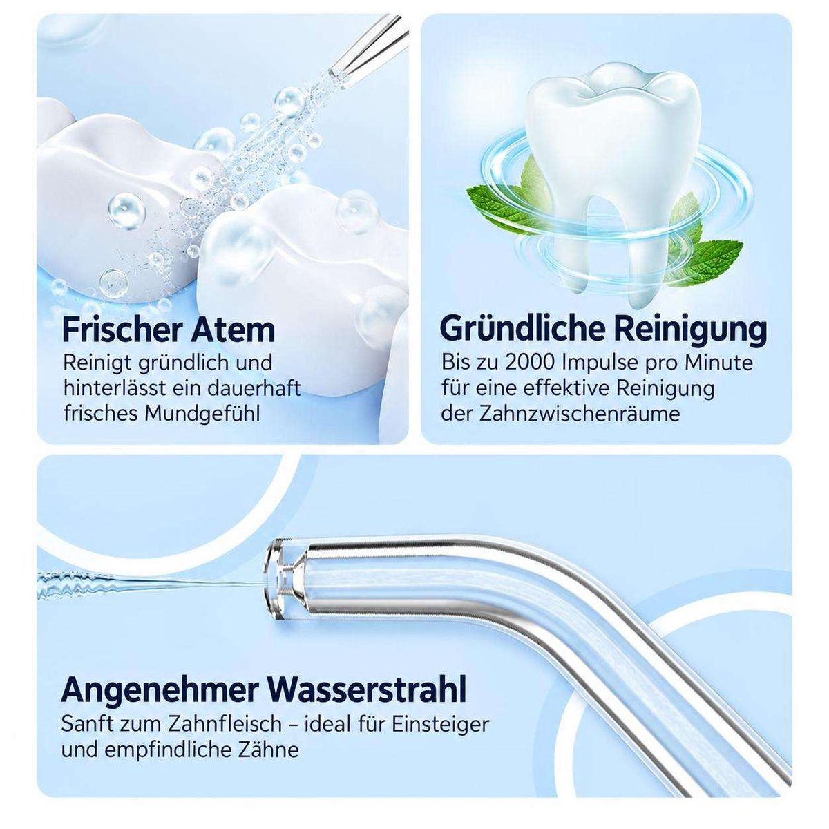 Grafik zeigt Zahnpflege-Vorteile mit Wasserstrahl, frischem Atem und gründlicher Reinigung.