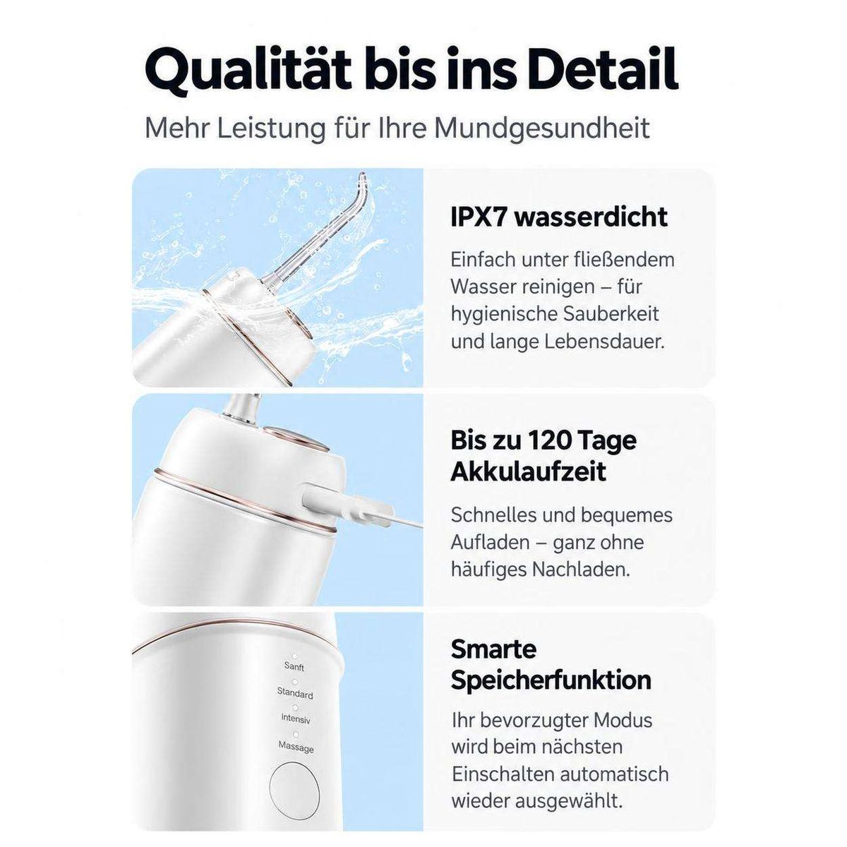 Infografik zeigt Munddusche-Funktionen: wasserdicht, lange Akkulaufzeit und Speicherfunktion.