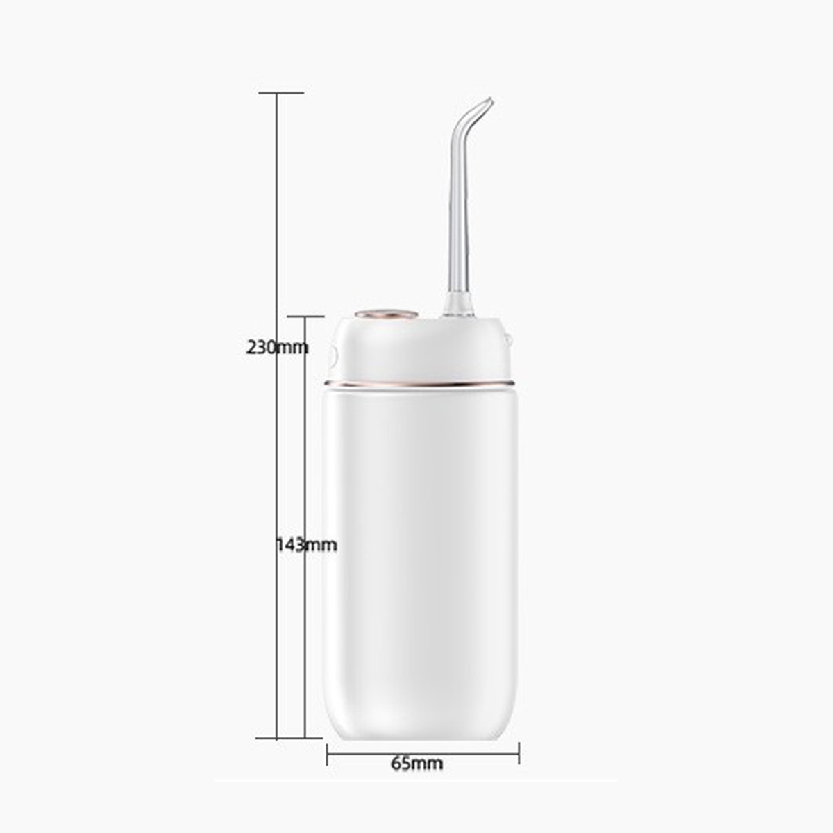 Ein weißer mobiler Munddusche mit Maßen: 230 mm Gesamthöhe, 143 mm Korpushöhe und 65 mm Breite.