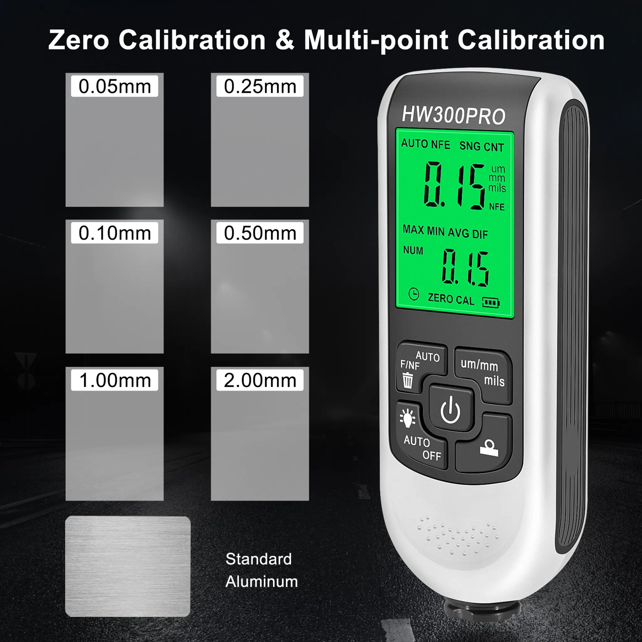 HW300PRO Schichtdickenmessgerät mit Kalibrierungsfolien von 0,05mm bis 2,00mm und Standard-Aluminium.