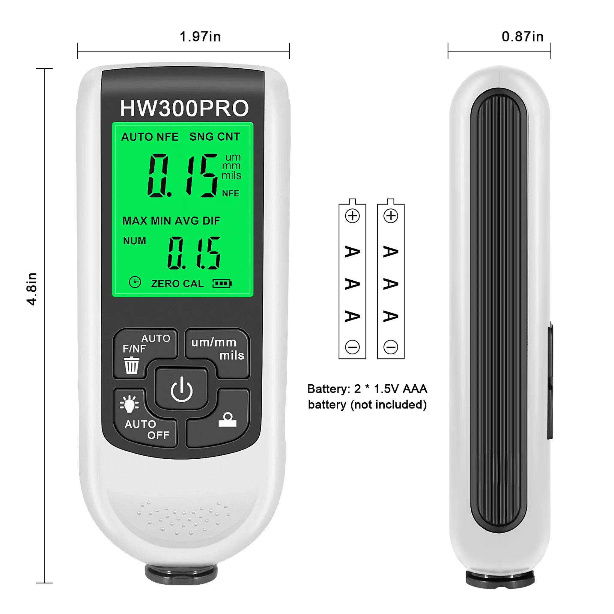 Abmessungen, Tasten, grünes Display und Batteriehinweise für das Schichtdickenmessgerät HW300PRO.