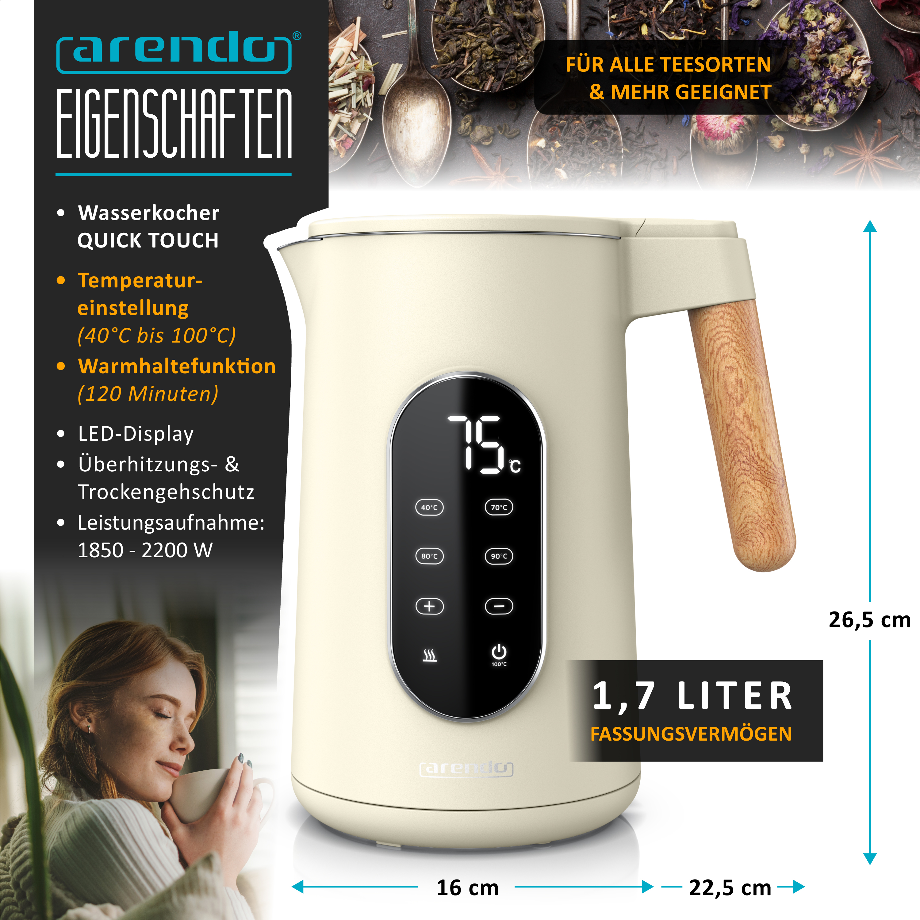 Beige Arendo Wasserkocher mit Holzedelstahlgriff, LED-Display, Temperaturregelung und technischen Daten.