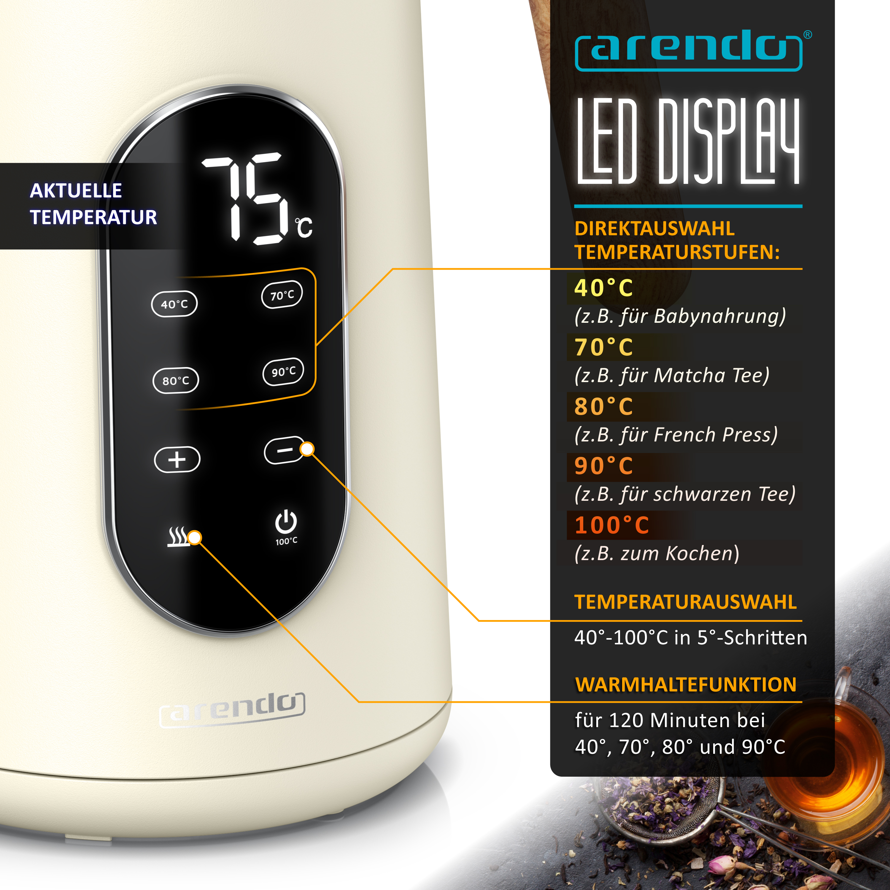 Kettle LED display showing 75C with temperature selection buttons and features listed on the right.