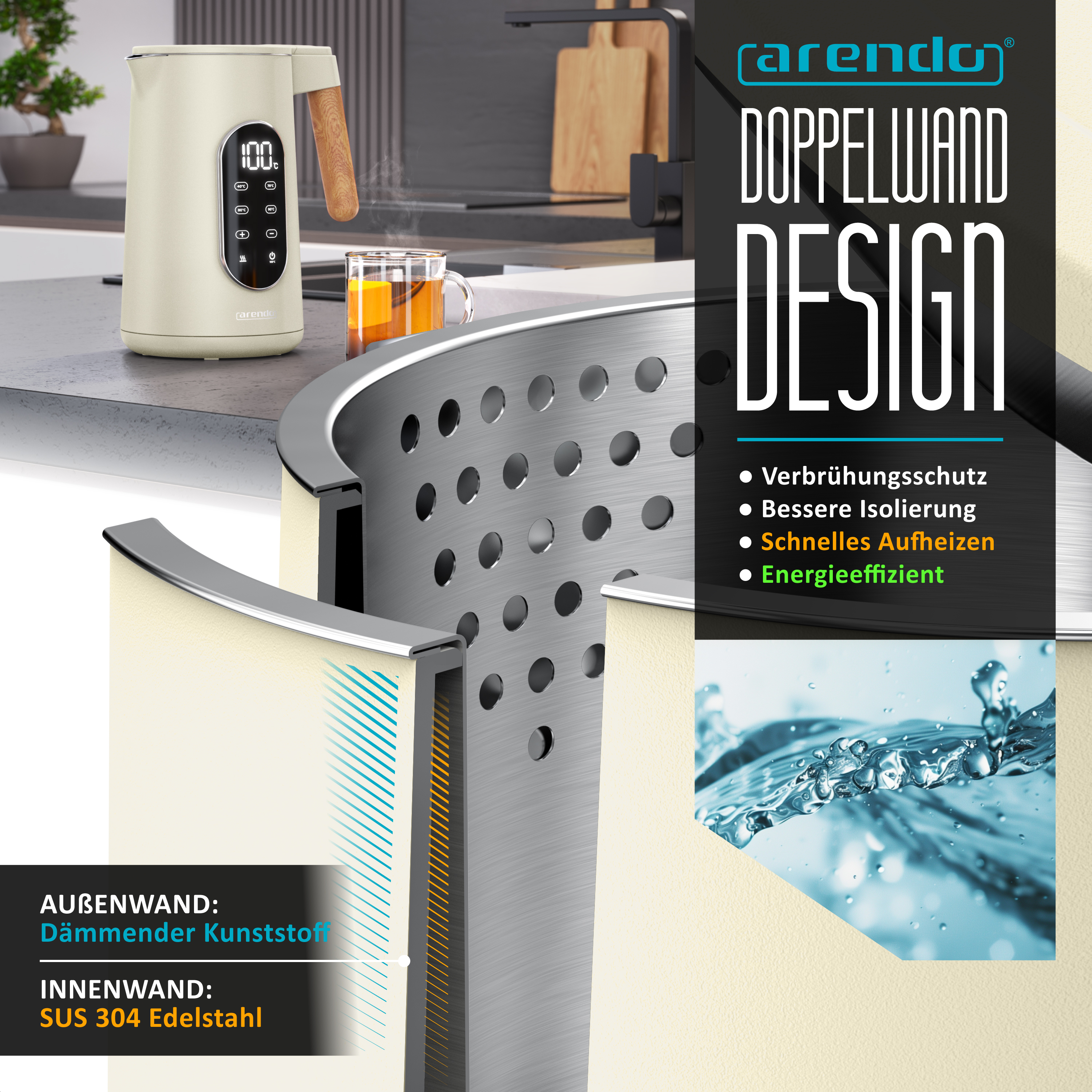 Arendo Wasserkocher mit Doppelwand-Design, Edelstahl-Innenwand und Isolierung.