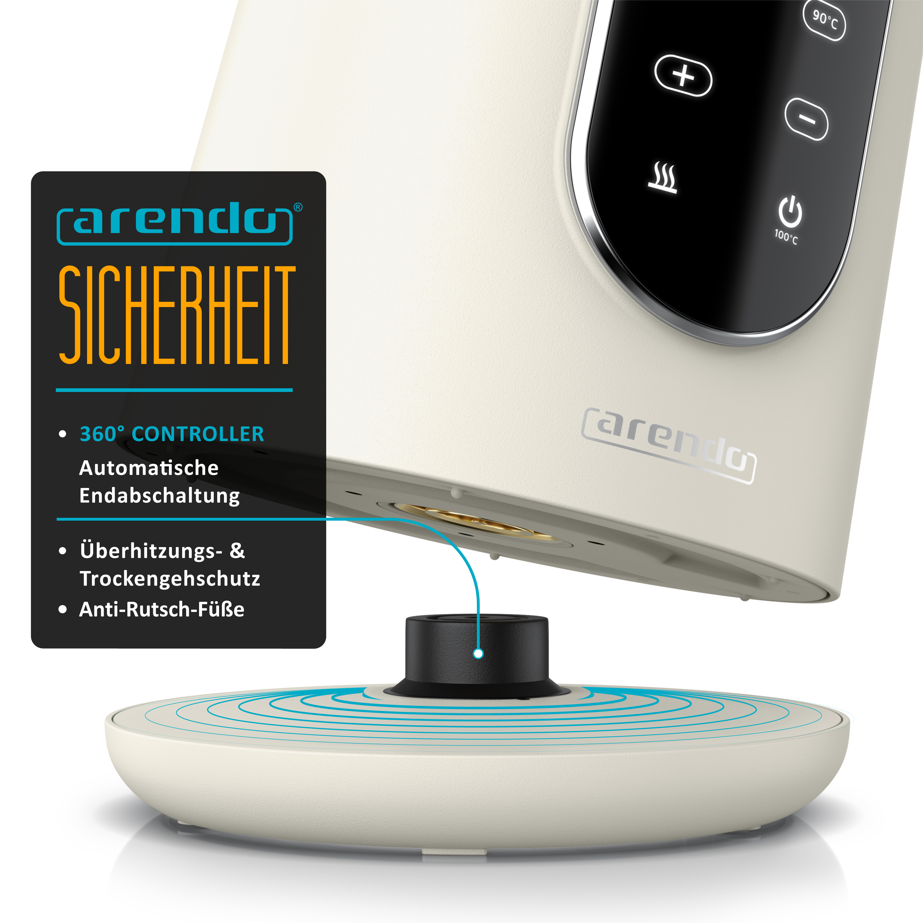 Arendo Wasserkocher-Basis mit 360-Grad-Controller und Sicherheitsfunktionen auf schwarzem Feld.