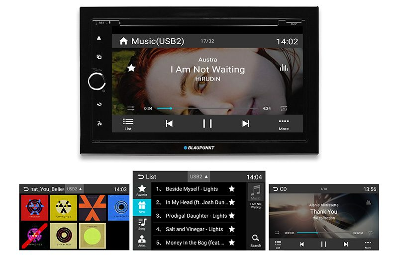 Ein Auto-Multimedia-Display mit Musikwiedergabe und verschiedenen Menübildschirmen darunter.
