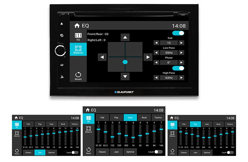 Ein Blaupunkt Autoradio mit Touchscreen zeigt Equalizer- und Balance-Einstellungsmenüs.