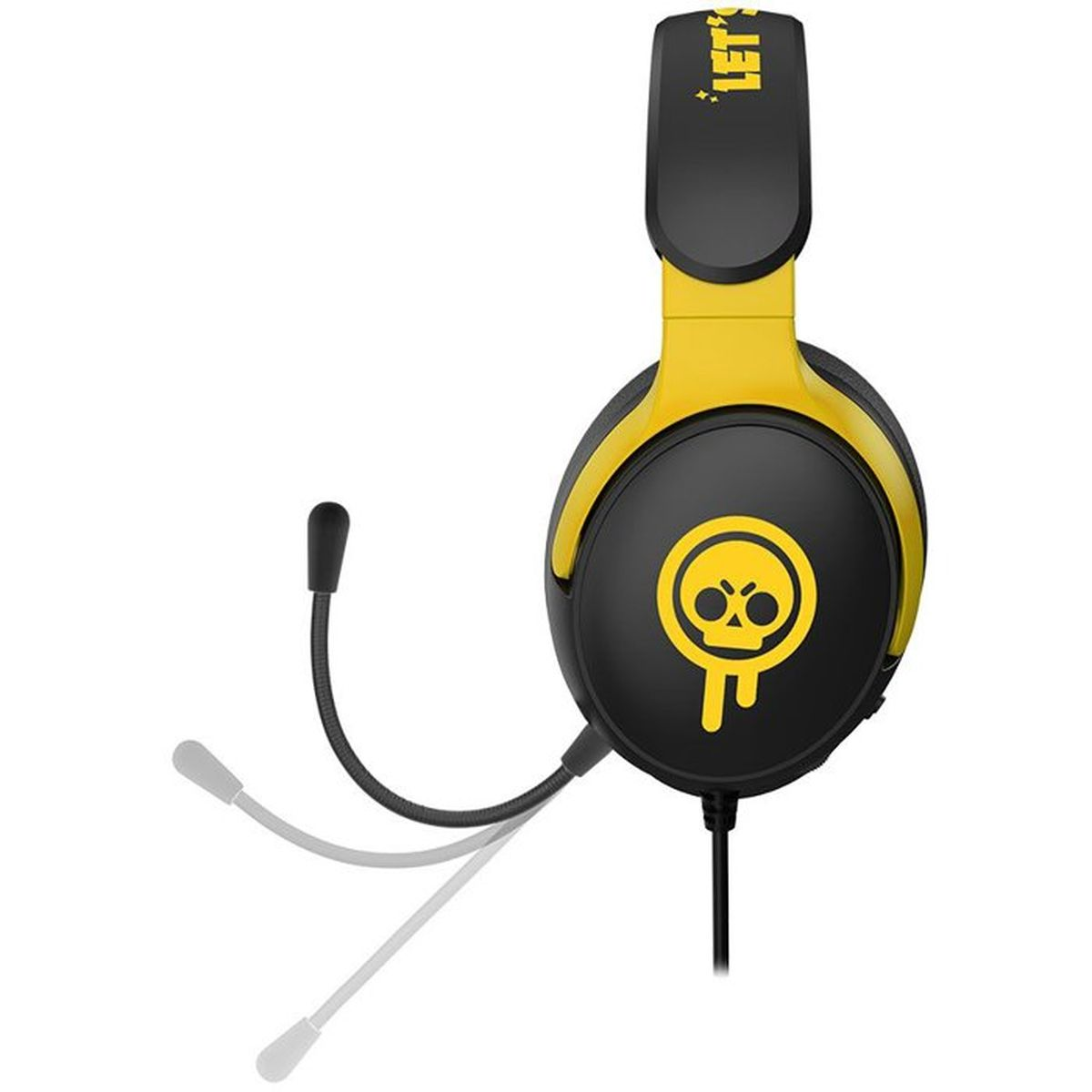 Cuffie da gioco nere e gialle con logo teschio e microfono regolabile.